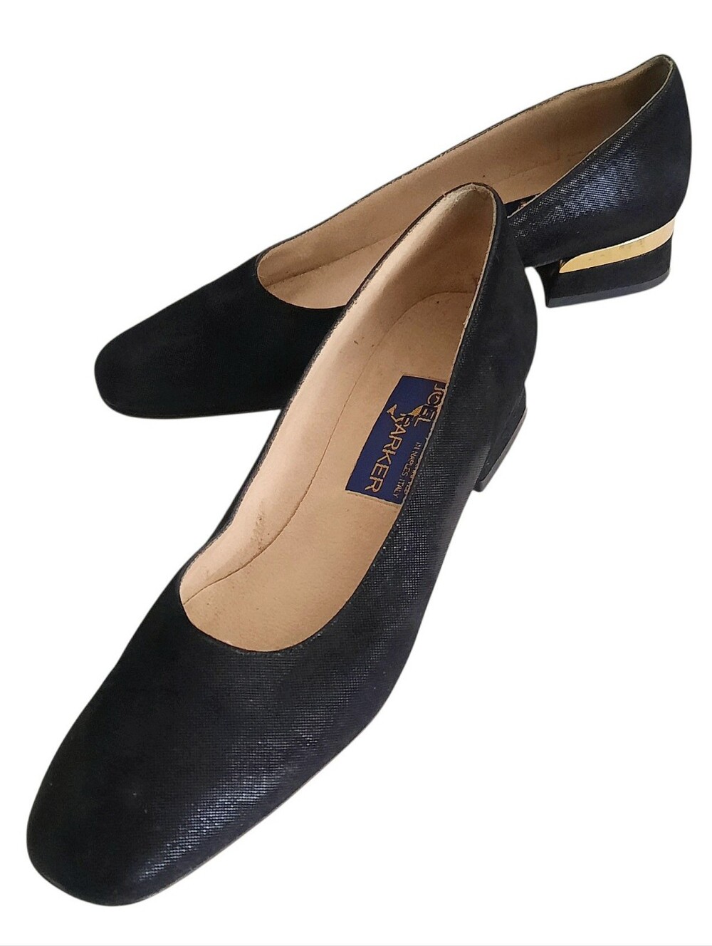 JOEL PARKER Black Textured Leather Shoes w/Metal Trim Low Block Heel Sz 7.5